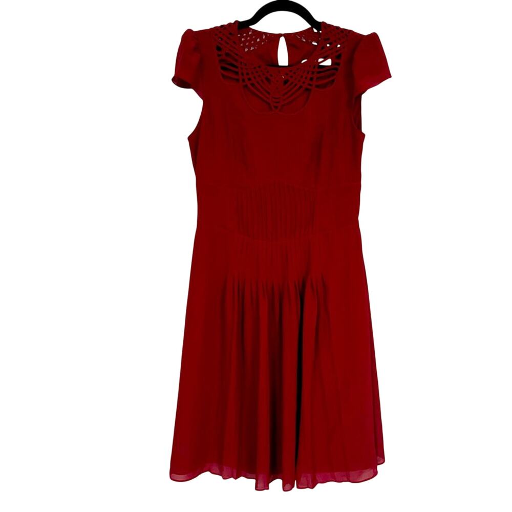 Karen Millen Red Pleated Mini Dress Womens 8 Formal Cut Outs Short Sleeve Twee